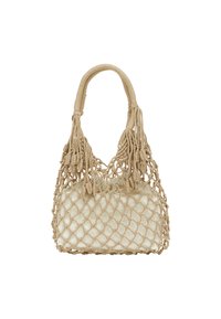 Beige vævet håndtaske med netdesign, der har et blødt indre for og dekorative kvaster ved håndtagene for ekstra tekstur.