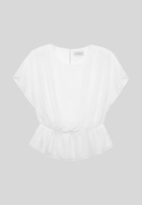 Blusa bianca con maniche a soffietto corte e vita arricciata. Tessuto morbido e leggero con una consistenza liscia e scollo rotondo.
