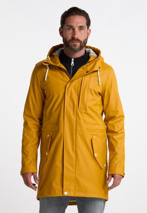 Yellow waterproof rain jacket with a hood, featuring a zippered front, chest pocket, and two angled side pockets. Smooth, glossy finish.