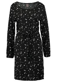 Robe noire en tissu doux, dotée de manches longues, d'une taille nouée et d'un motif abstrait de feuilles blanches sur toute la surface. Design décontracté et confortable.