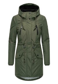 Green parka jacket with a hood, zippered front pockets, drawstring waist, and faux fur lining. Features black zipper accents and snaps.