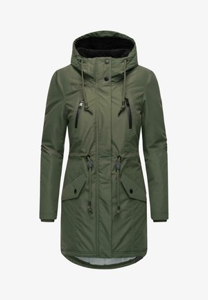 Green parka jacket with a hood, zippered front pockets, drawstring waist, and faux fur lining. Features black zipper accents and snaps.