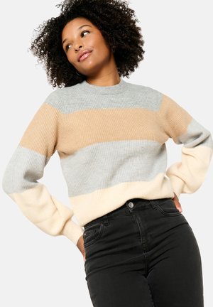Knit sweater featuring horizontal stripes in light gray, beige, and cream; round neckline; relaxed fit with ribbed cuffs and hem.