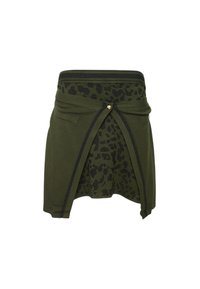 Gonna verde scuro con pannello centrale a stampa leopardata nera, sovrapposizione attaccata con bottoni dorati e dettaglio in vita a righe nere.