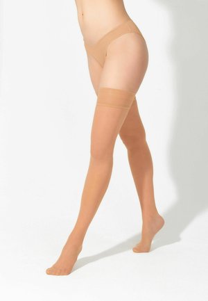 Jambes féminines portant des bas nude jusqu'aux cuisses et des sous-vêtements assortis, se tenant sur la pointe des pieds sur un fond blanc.