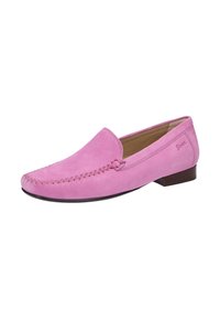 Rosafarbene Wildlederloafer mit einer genähten Detail am Zehenbereich und einem kleinen braunen Absatz. Sie haben eine glatte Oberfläche und ein schlüpfbares Design.