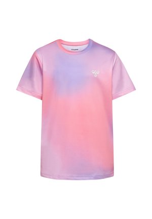 Kortærmet crewneck T-shirt med pink og lilla gradient og lille hvid bi-logo på venstre bryst.