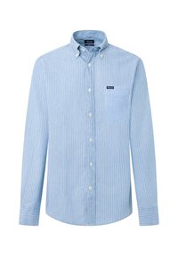 Camisa de botones azul claro con rayas verticales blancas, un bolsillo en el pecho y un collar redondeado. Fabricada en tejido de algodón entrelazado.