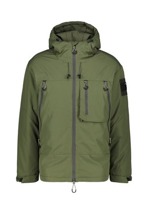 Olive green insulated jacket with a hood, front zipper, multiple zippered pockets, drawstring adjustments, and a textured outer fabric.