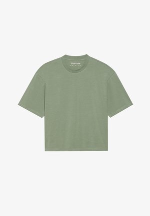 Vaaleanvihreä, lyhythihainen t-paita pehmeästä kankaasta. Ominaisuuksiin kuuluu pyöreä kaula-aukko ja rento malli, jossa on näkyvää ompelua reunoilla.