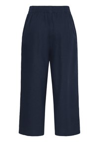 Tumesinised laiade säärega püksid, millel on elastne vöökoht ja lühendatud pikkus, valmistatud kergest kangast.