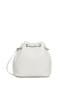 Sac seau en cuir blanc avec une finition texturée, fermeture à cordon et une seule bandoulière. Design épuré et minimaliste avec des accents en métal argenté.
