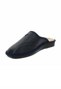 Pantofole nere in pelle con punta arrotondata, superficie texture e bordo in contrasto blu navy; presentano un tacco basso e una soletta texturizzata.