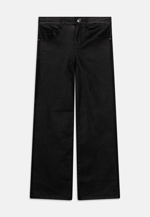 Black wide-leg jeans made of denim, featuring five pockets, a button closure, and minimal stitching detail for a clean look.