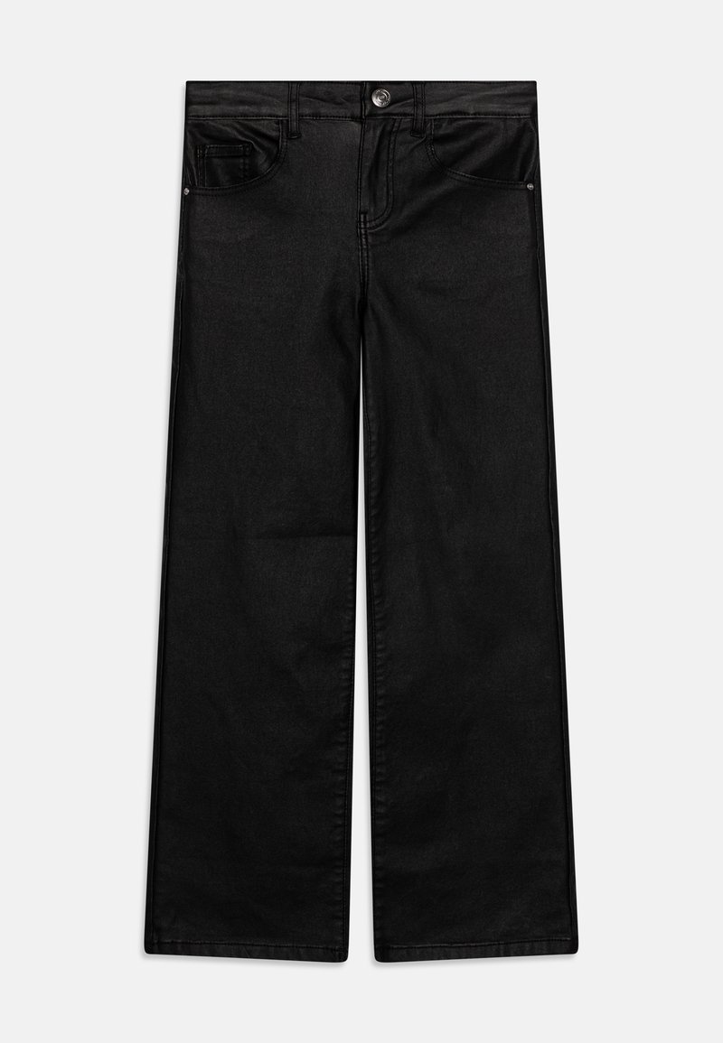 Črne široke jeans hlače iz denima, ki imajo pet žepov, gumbasto zapiranje in minimalne šive za čisto podobo.