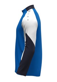 Blauwe sportieve shirt met witte en marineblauwe accenten. Bevat een kraag, een drie-knopenlijst en een gladde, lichte stof.