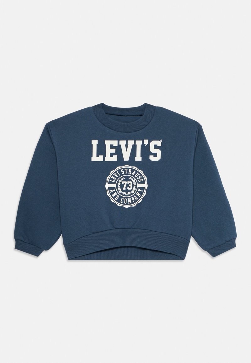 Sweatshirt court bleu en coton. Présente un col rond, des manches longues et un logo Levi's imprimé en blanc sur le devant avec un accent circulaire.