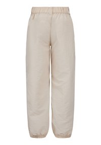 Beige, lichte, elastische broek met een ontspannen pasvorm en gathered boorden, met een gladde, licht gekreukte stofstructuur.