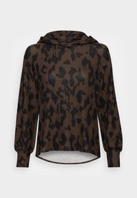 Felpa con cappuccio marrone e stampa leopardata nera. Presenta maniche lunghe, polsini a costine, una vestibilità rilassata e un orlo arrotondato. Morbido tessuto a maglia.