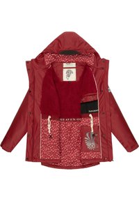 Red waterproof jacket with a plush inner lining. Features a hood, decorative patterns, and multiple inner pockets. Drawstring waist adjustment.