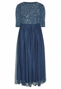 Námořnické modré šaty se zdobeným korzetem, tříčtvrtečními rukávy a volnou, plisé sukní z tylu. Zapínání na zip na zadní straně.