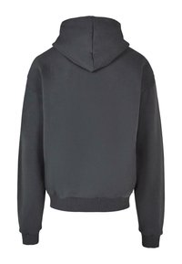 Felpa con cappuccio grigio scuro, dotata di un cappuccio ampio, vestibilità comoda e polsini e orlo a coste. Materiale morbido senza motivi visibili o dettagli hardware.