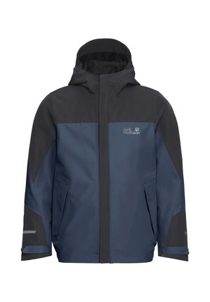 Giacca impermeabile da esterno con blocchi di colore blu e nero, zip frontale, cappuccio, due tasche laterali e logo Jack Wolfskin sul petto.