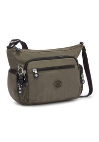 Olive green crossbody bag made of nylon; features one main compartment and two zippered front pockets; includes a decorative keychain.