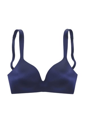 Navy blue padded bra with smooth satin texture, plunging neckline, and adjustable straps. Designed for comfort and support.