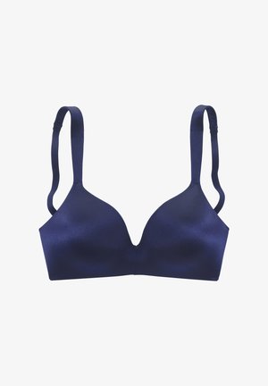 Dunkelblauer gepolsterter BH mit glatter Satintextur, tiefem Ausschnitt und verstellbaren Trägern. Für Komfort und Halt konzipiert.