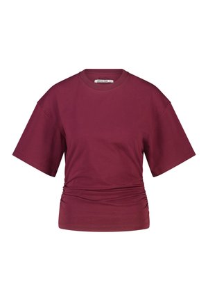 Bordeauxrode T-shirt met korte mouwen, ronde hals en geplooide details bij de taille, effen ontwerp, casual stijl.
