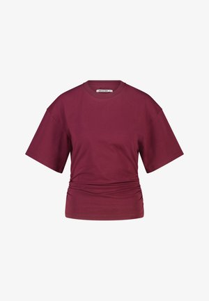 Bordeauxrode T-shirt met korte mouwen, ronde hals en geplooide details bij de taille, effen ontwerp, casual stijl.