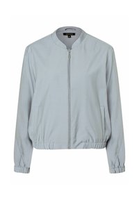 Light blue bomber jacket with a zip front, elastic cuffs and hem, and side pockets. Made from a smooth fabric with a slightly shiny texture.