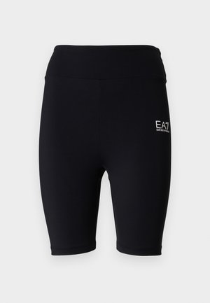 Juodos dviratininkų šortai iš tamprios medžiagos, su aukštu liemeniu ir išsiuvinėta logo apatiniame šone. Lygus paviršius, aptemptas dizainas.