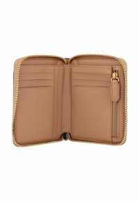 Zip-around wallet in soft tan leather with gold hardware, featuring multiple card slots and a zippered coin pocket.