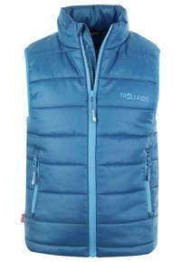 Blå pufferväst med hög krage, dragkedja och två sidofickor. Har kviltad textur och en logga på bröstet.