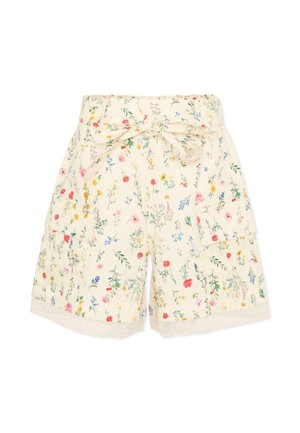 Kremowe szorty w wielokolorowy, kwiatowy wzór, z materiałowym paskiem wiązanym na kokardę, przednimi kieszeniami oraz koronkową lamówką na dole.