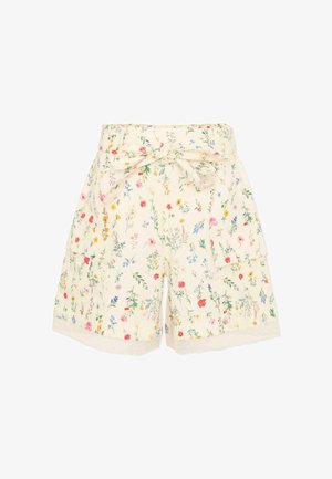 Shorts couleur crème avec imprimé floral multicolore, ceinture en tissu nouée en nœud, poches avant et bordure en dentelle à l'ourlet.