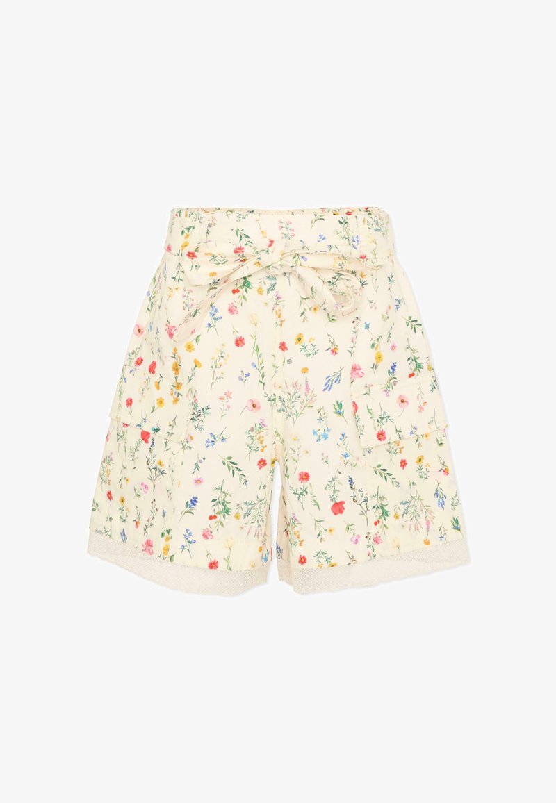 Shorts couleur crème avec imprimé floral multicolore, ceinture en tissu nouée en nœud, poches avant et bordure en dentelle à l'ourlet.