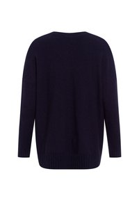Dark navy blue long-sleeve knitted sweater with ribbed hem and cuffs, shown from the back on a white background.
