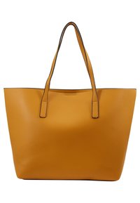 Borsa tote in pelle gialla senape con texture, dotata di due manici lunghi e base rettangolare.