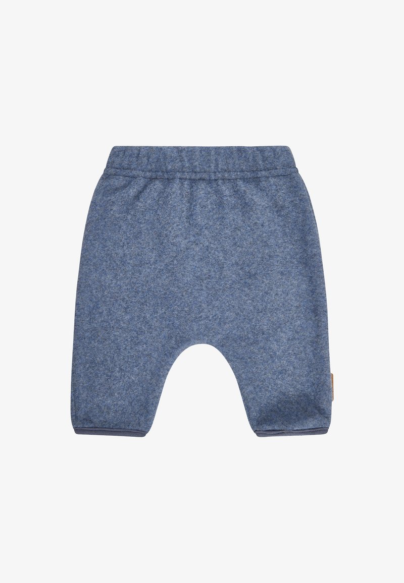 Soft blue fleece baby pants with elastic waistband and cuffed legs, designed for comfort and warmth.