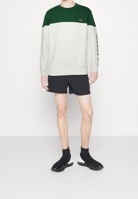 Lichtgrijze trui met donkergroen bovenstuk, logo op de borst, gecombineerd met zwarte shorts en strakke zwarte schoenen met een transparante hak.