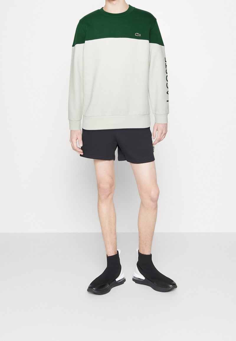 Lichtgrijze trui met donkergroen bovenstuk, logo op de borst, gecombineerd met zwarte shorts en strakke zwarte schoenen met een transparante hak.