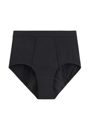 Černé bavlněné kalhotky s vysokým pasem, s hladkým povrchem, přičemž jsou zdobené prošíváním a mají zpevněné boky pro podporu.