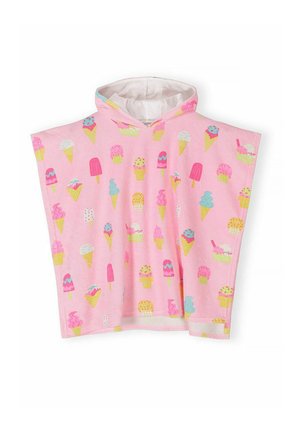 Różowe ponczo z kapturem w ręcznikowym stylu, ozdobione kolorowymi wzorami lodów w rożku i na patyku, zaprojektowane dla dzieci.