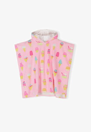 Różowe ponczo z kapturem w ręcznikowym stylu, ozdobione kolorowymi wzorami lodów w rożku i na patyku, zaprojektowane dla dzieci.