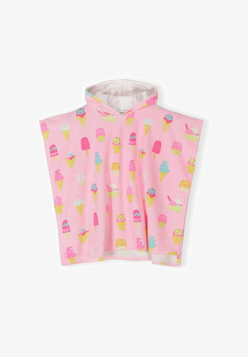Ružové kapucňové pončo z uteráka s farebnými vzormi zmrzliny a nanukov, určené pre deti.