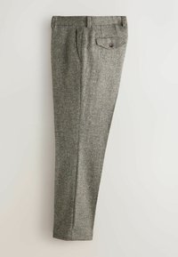 Flat front trousers in a textured grey fabric with a subtle check pattern, featuring two front pockets and one back pocket with a button.