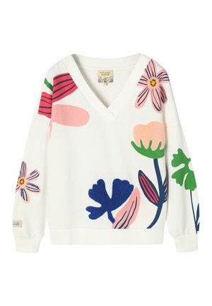 Valge V-kaelusega kampsun suurte värvikate lillemustritega roosas, sinises, rohelises ja punases toonis ees ja varrukatel.